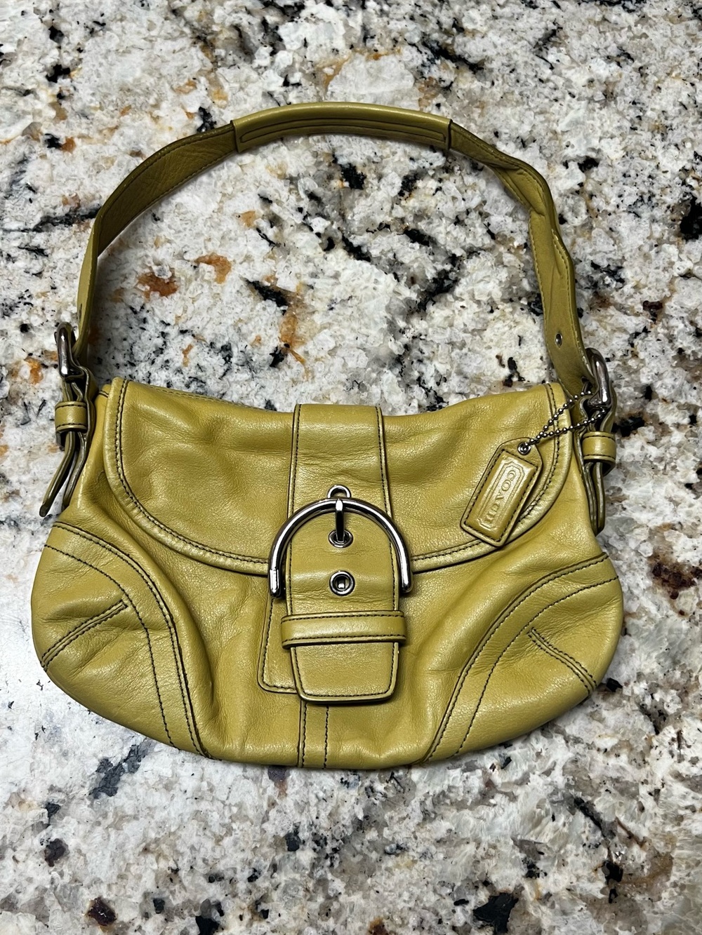 Coach Olive Green Leather Shoulder Bag with Buckle Accent